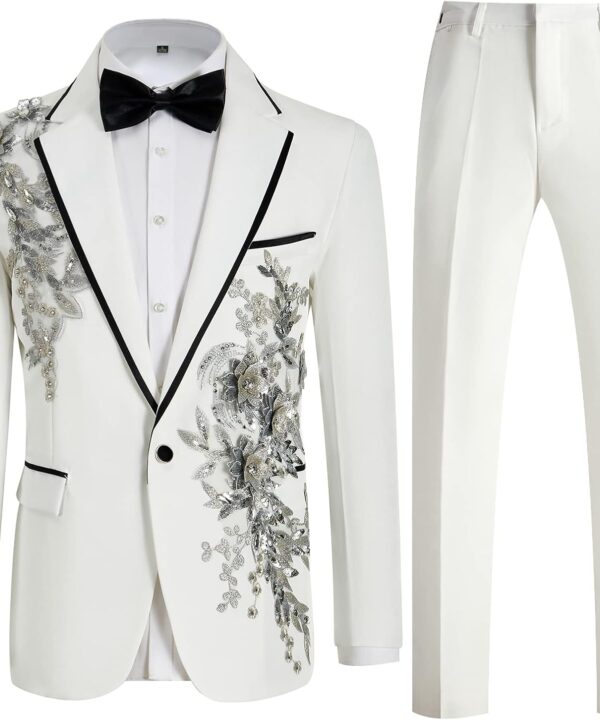 Mens Suits Slim Fit 2 Piece Formal Tuxedo Suits Blazer Pants with Bow Tie for Wedding Prom