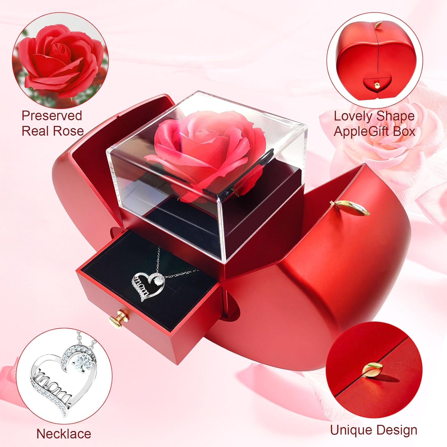 Preserved Red Rose with Necklace Romantic Gift for Mom, Grandma, Friends – Birthday, Anniversary Keepsake