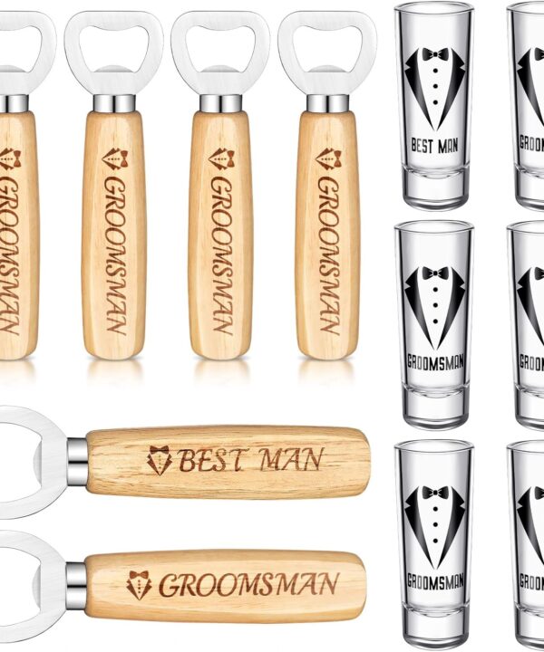 12 Pcs Groomsmen Proposal Shot Glasses and Beer Bottle Opener Set Include 6 Best Man Groomsmen Shot Glasses and 6 Bottle Opener Bulk Gifts for Wedding Favor(Simple)