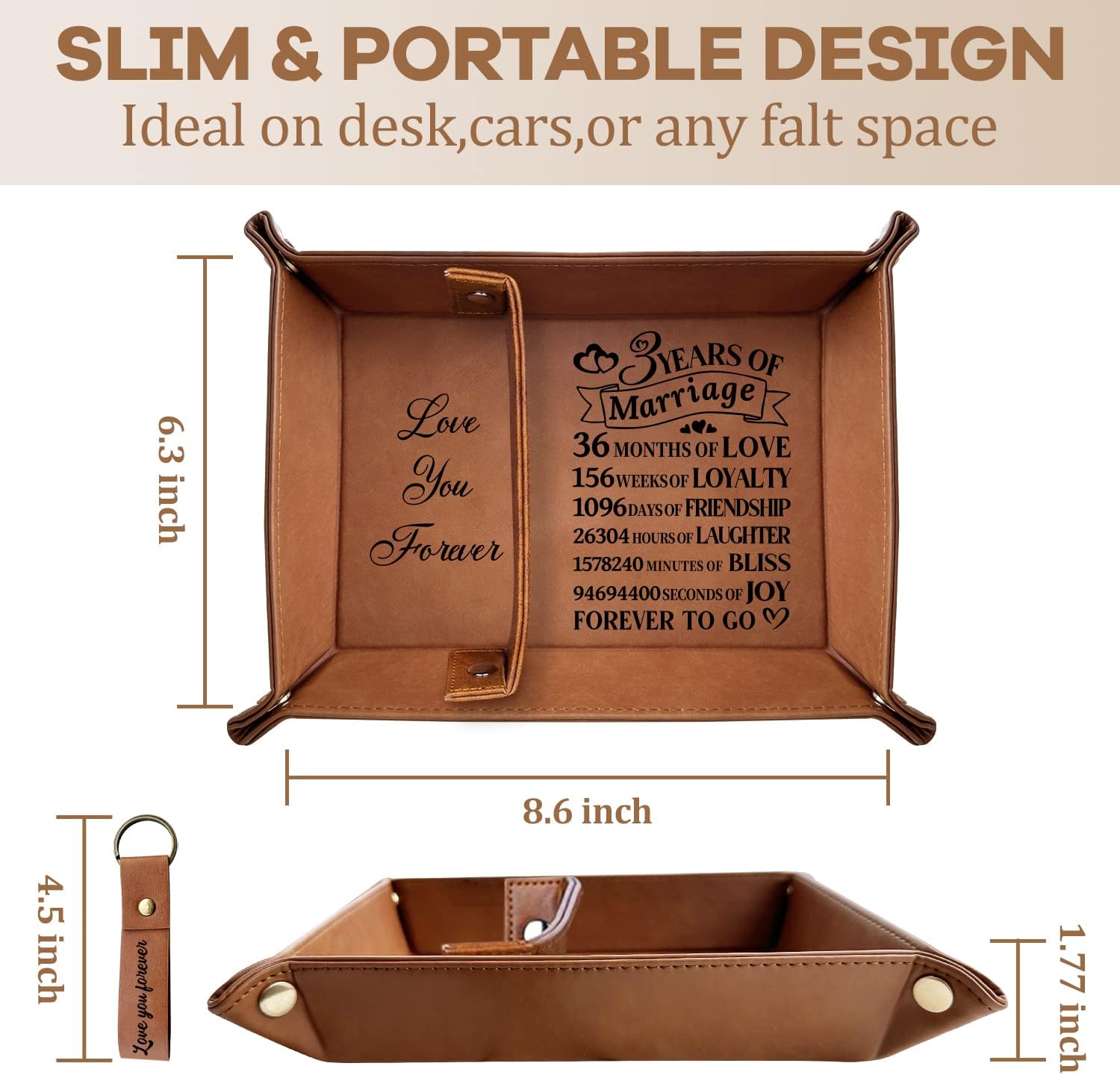 XIKAINUO 3 Years of Marriage Engraved Leather Tray Jewelry Organization with Love You Forever Keychain Includes Dates Breakdown Gift for Couples Husband Wife Birthday Wedding Anniversary