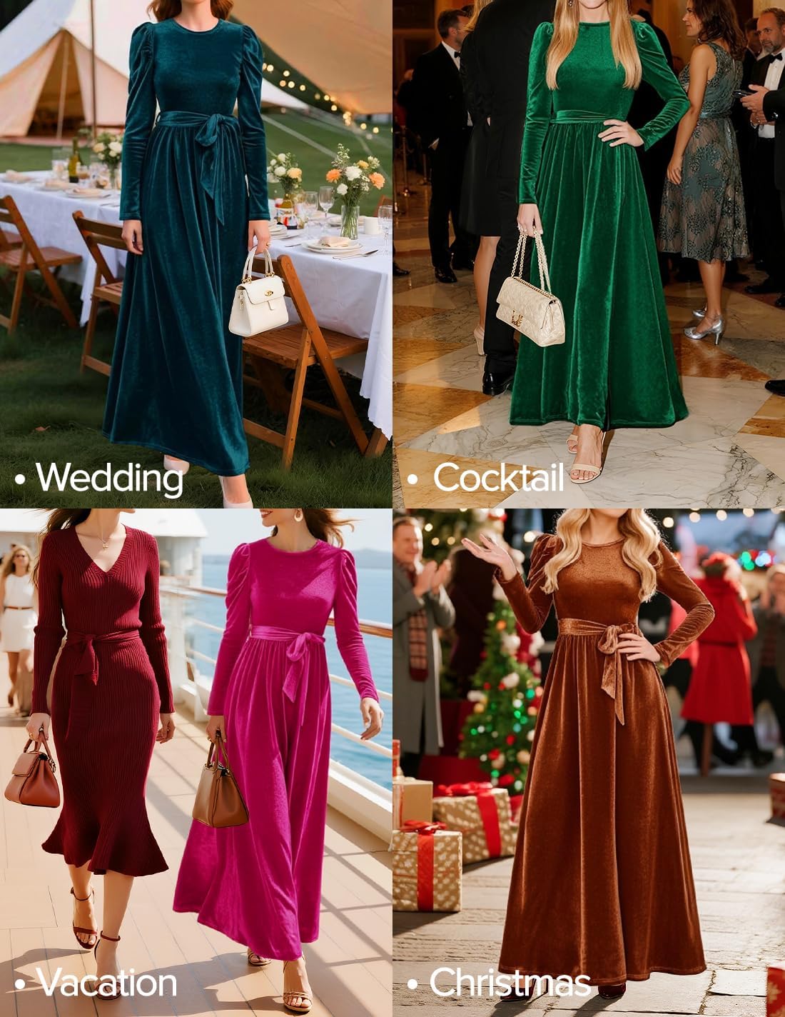 ZESICA Womens Velvet Maxi Dress Fall 2026 Long Puff Sleeve Crew Neck Elastic High Waist Cocktail Party Bridesmaid Dresses