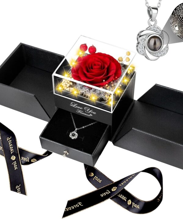 ENERLEAF Preserved Red Real Rose-Eternal Flowers Rose Gifts for Mom Grandma Wife Girlfriend on Mothers Day Birthday Valentines Christmas Anniversary Romantic Gifts for Her with I Love You Necklace
