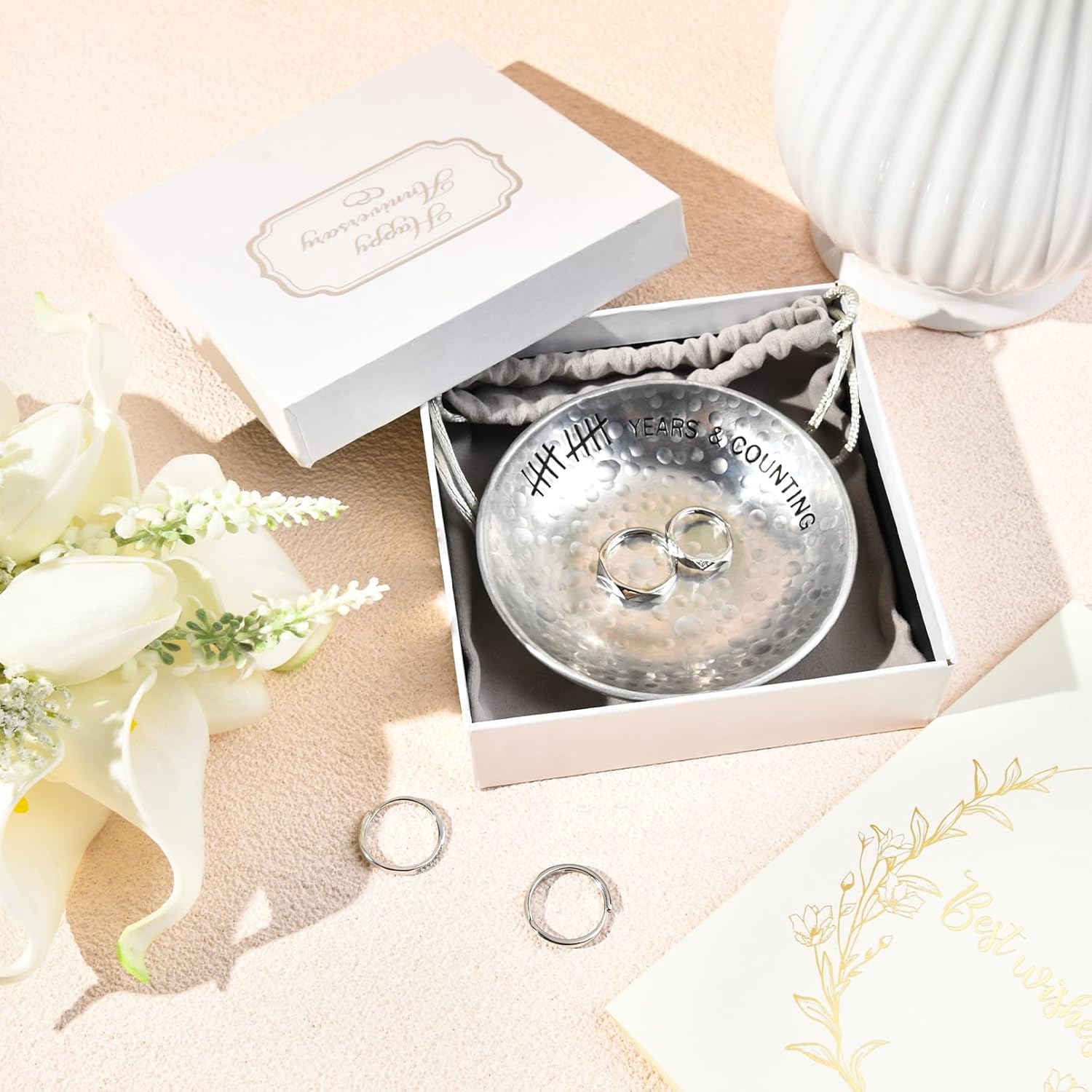 CEELGON 10 Year Wedding Anniversary Tin Gifts – 4 Tin Jewelry Tray Engraved Aluminum Decorative Dish for Couple