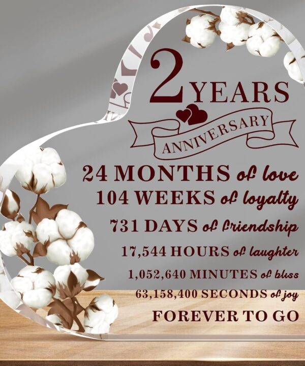 2 Years Anniversary Decor for Him Her Cotton Flower Drawing Print Acrylic Gift 2nd Anniversary Wedding Paperweight Traditional Second Year Marriage for Wife Husband Lover (Cotton Flower)
