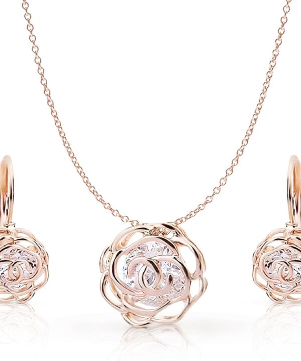 Crystalline Azuria Women 18K Gold Plated White Crystal Roses Flowers Necklace and Earrings Set for Women Wedding Party Bridal Bridesmaid Accessories