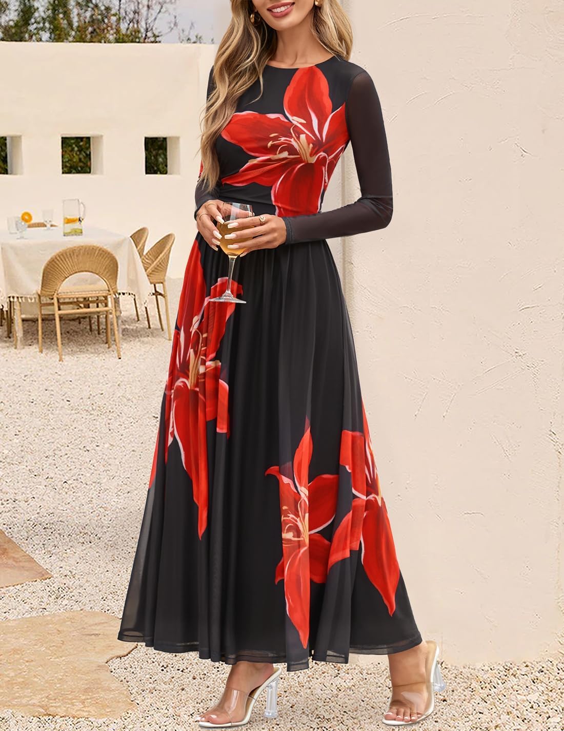 ZESICA Womens Maxi Dress 2026 Fall Long Sleeve Crewneck Floral Print Mesh Ruched Party Wedding Guest Dresses