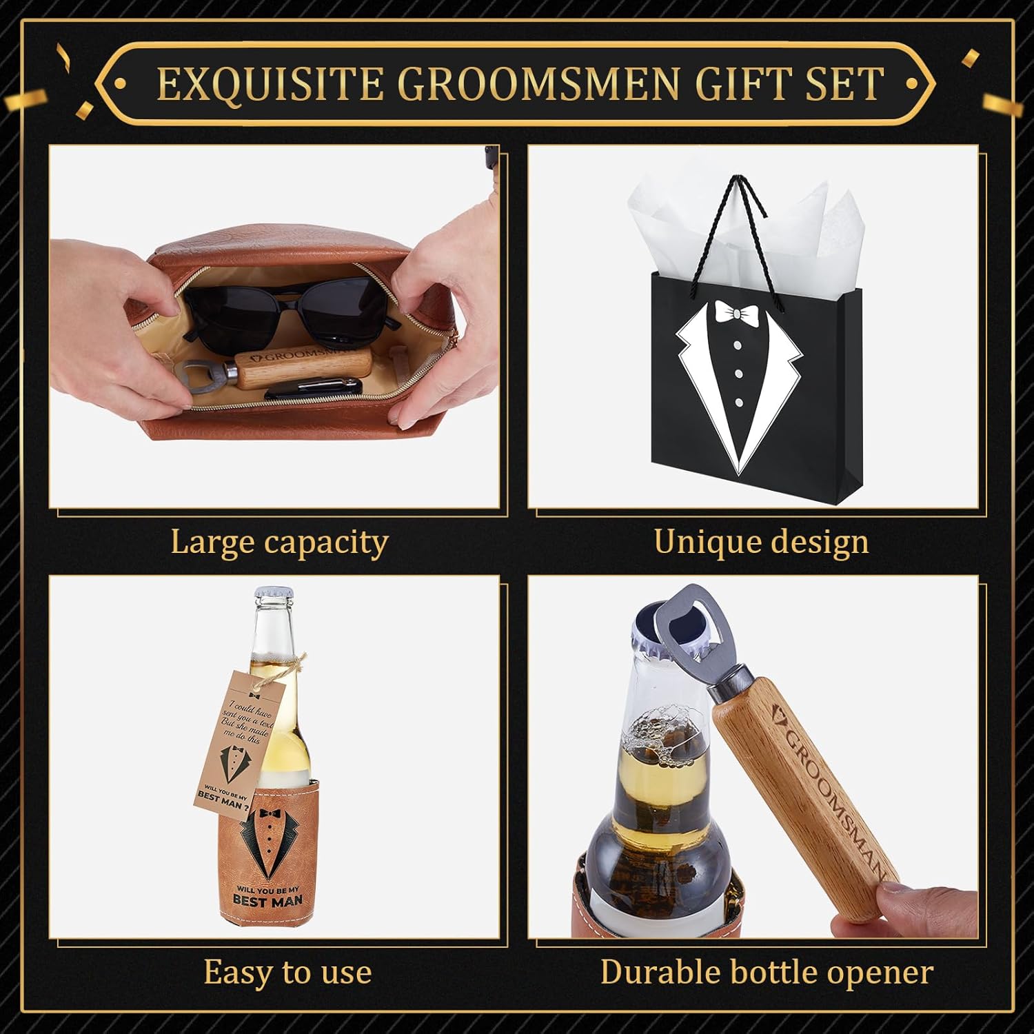 60Pcs Groomsmen Gifts Groomsmen Proposal Box with Shot Glasses Socks Sunglasses PU Leather Toiletry Bag Bottle Opener Can Cooler Groomsman Gifts for Wedding Groomsmen Best Man Gift (60, Brown)