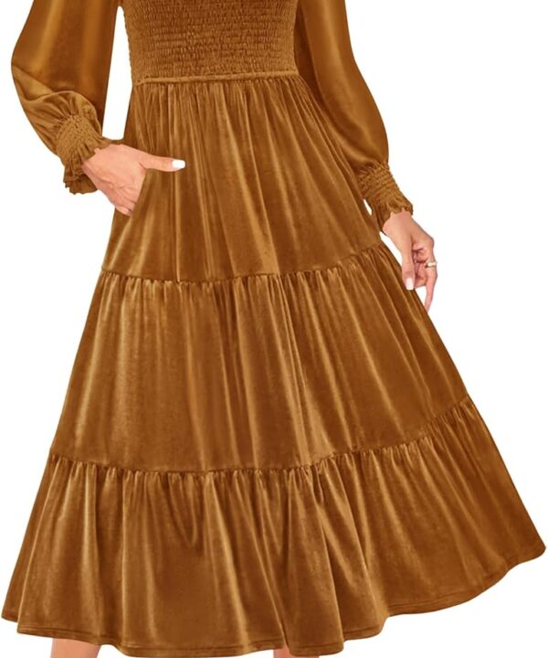 ZESICA Women's Velvet Long Sleeve Dresses 2026 Winter Square Neck Smocked Ruffle A Line Flowy Cocktail Party Midi Dress