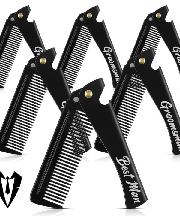6 Pcs Groomsmen Gifts Folding Beard Comb for Men with Opener Groomsmen Gift Set of 6 Best Man Proposal Gift Combs Hair Mustache for Wedding Party Favor Grooming Detangling(Stainless Steel,Black)