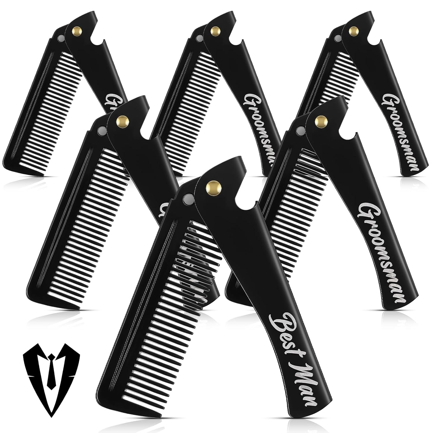 6 Pcs Groomsmen Gifts Folding Beard Comb for Men with Opener Groomsmen Gift Set of 6 Best Man Proposal Gift Combs Hair Mustache for Wedding Party Favor Grooming Detangling(Stainless Steel,Black)
