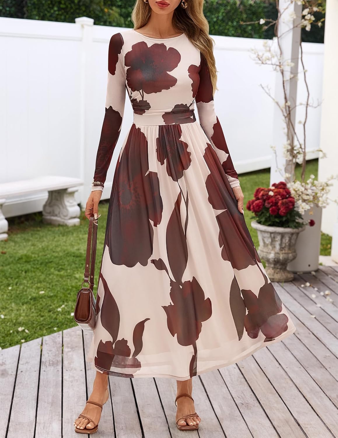 MEROKEETY Womens Long Sleeve Spring Wedding Guest Dress 2026 Crewneck Floral Flowy Mesh Cocktail Maxi Dresses