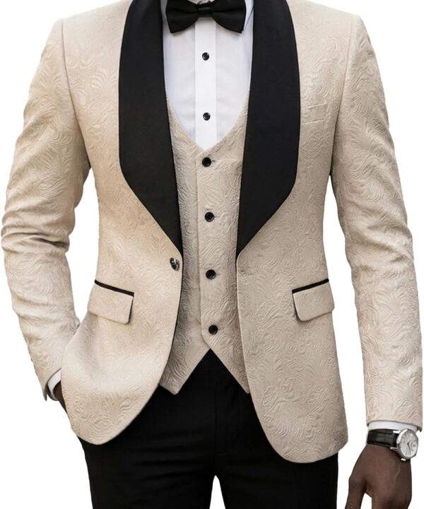 YND Men's 3 Piece Luxury Tuxedo Set, One Button Jacquard Slim Fit Shawl Lapel Jacket Vest & Pants, Premium Tuxedo for Men