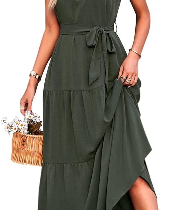 PRETTYGARDEN Women's Summer Floral Maxi Sun Dress Sleeveless Halter Neck Flowy Ruffle Hem Long Boho Dresses with Belt