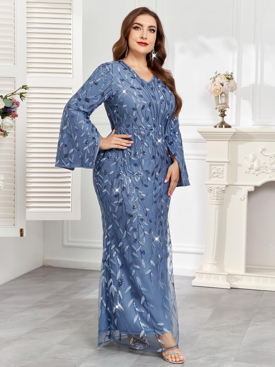 Plus Size Formal Dresses Long Flared Sleeve V-Neck Evening Gowns Wedding Guest Sequin Embroidery Prom Maxi Dress