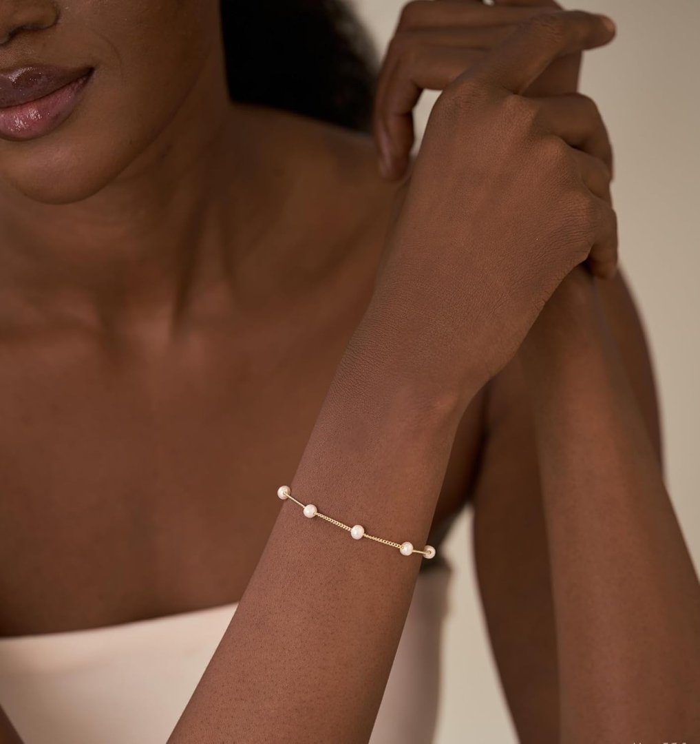 NECOCY 14K Gold Plated Pearl Bracelets for Women, Dainty Bracelets Stack Trendy Pearls Beaded Link Chain Charm Bracelets Set Layered Non Tarnish Tiny Cute Jewelry for Women