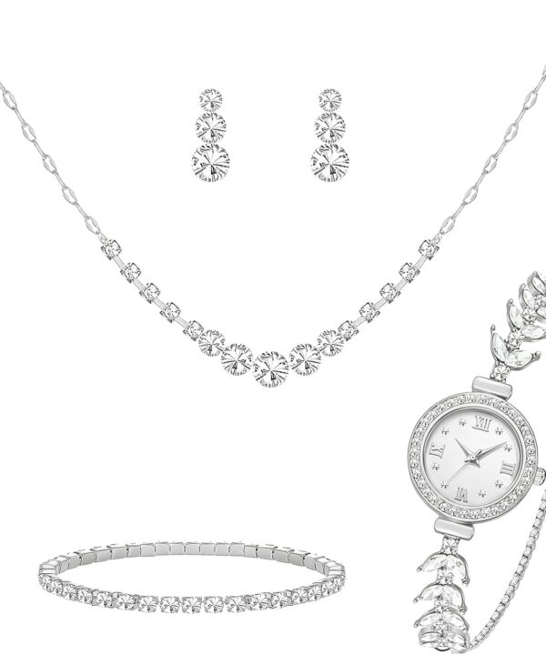 NEWITIN 5 Pieces Crystal Gold Jewelry Set for Women Watch Necklace Bracelet Earrings Bling Cubic Zirconia Wedding Jewelry Sets for Brides Bridesmaid Prom Costume Accessories
