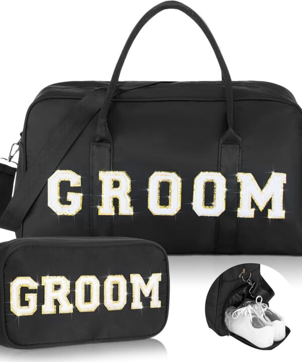 2 Pcs Wedding Weekender Bag Bride Groom Duffle Bag Chenille Letter Patch Travel for Bridal Shower Honeymoon Gift(Groom,Black)