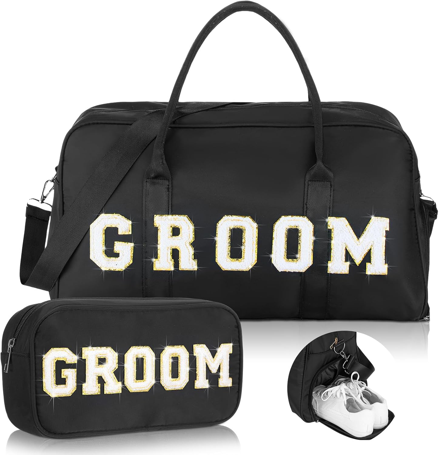 2 Pcs Wedding Weekender Bag Bride Groom Duffle Bag Chenille Letter Patch Travel for Bridal Shower Honeymoon Gift(Groom,Black)