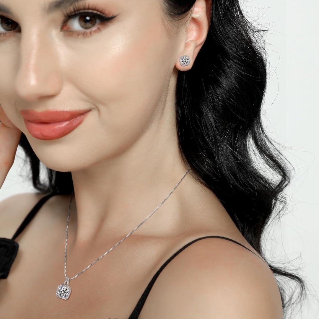 Cubic Zirconia Necklace and Earrings Set for Women 14K White Gold Plated Bridesmaid Silver Jewelry Set for Women Pendant Necklace Hypoallergenic Stud Earrings Set Jewellery Gift for Mom Wife Bride Bridesmaid
