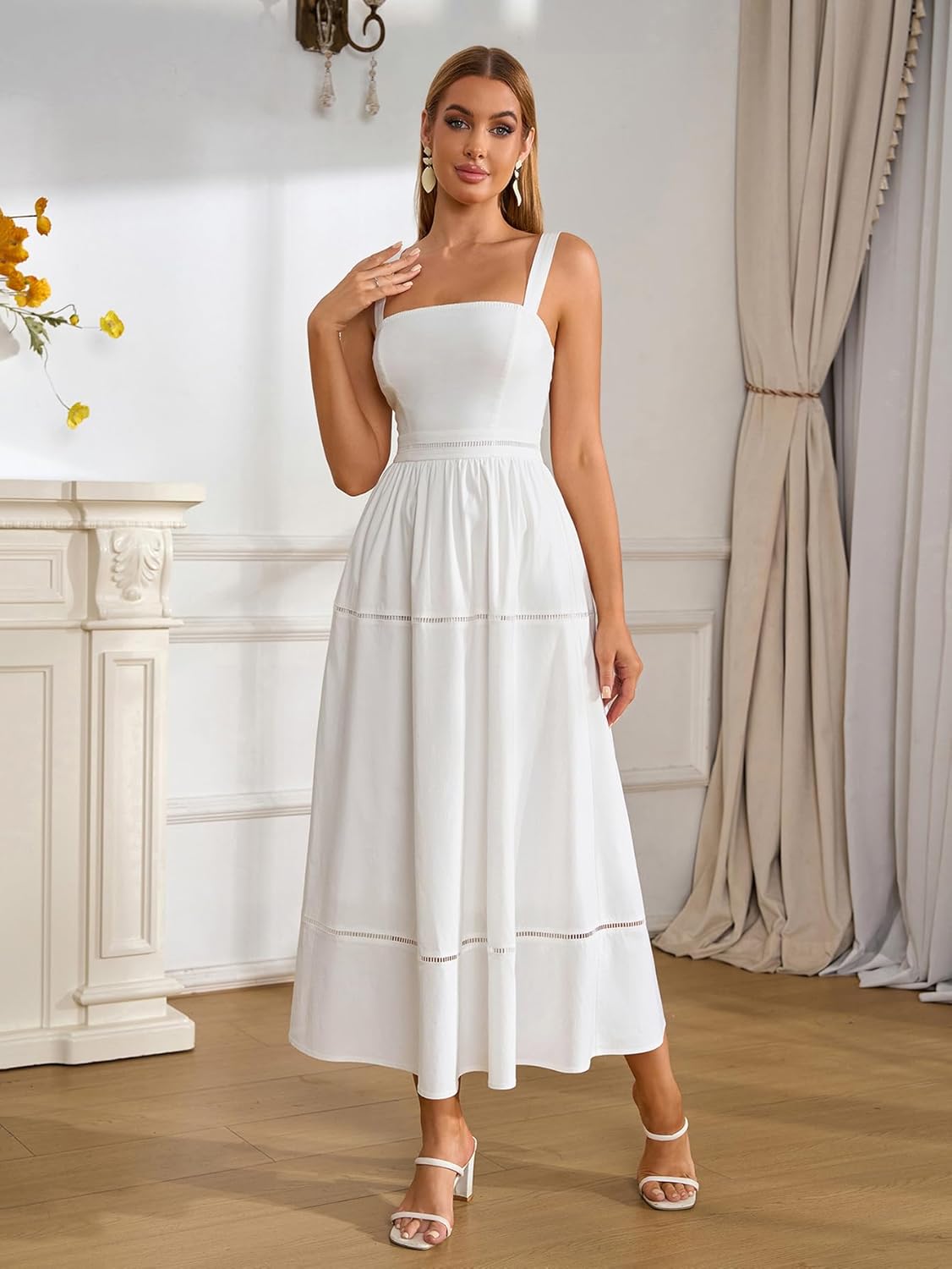 KUTUMAI Summer Corset Midi Dress Elegant Square Neck Flowy A Line Wedding Guest Tea Party Dresses for Women Sundress 2025