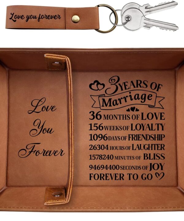 XIKAINUO 3 Years of Marriage Engraved Leather Tray Jewelry Organization with Love You Forever Keychain Includes Dates Breakdown Gift for Couples Husband Wife Birthday Wedding Anniversary