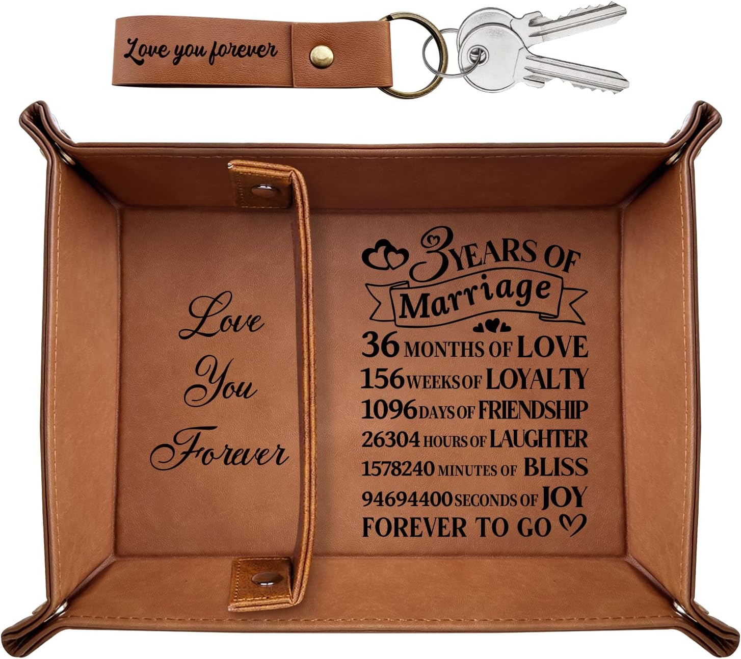 XIKAINUO 3 Years of Marriage Engraved Leather Tray Jewelry Organization with Love You Forever Keychain Includes Dates Breakdown Gift for Couples Husband Wife Birthday Wedding Anniversary