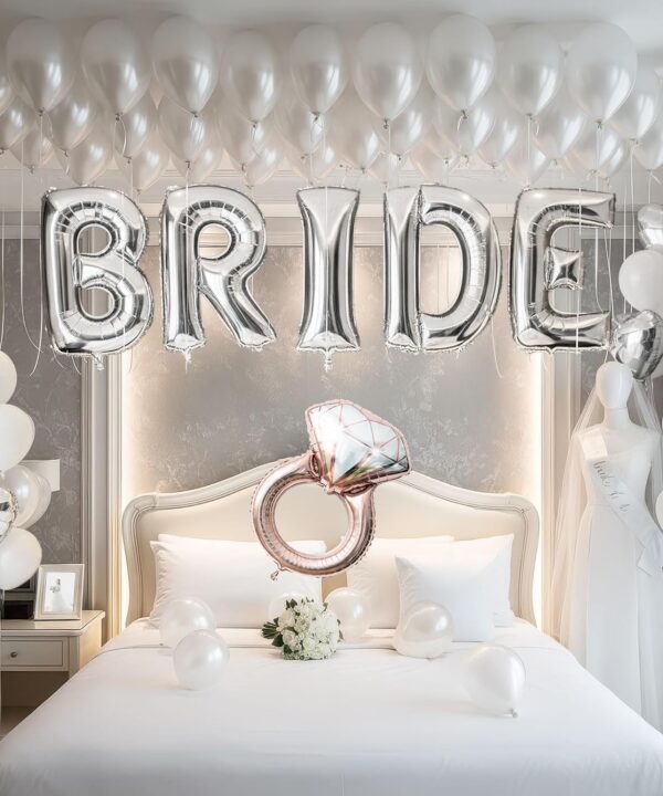 Silver Bridal Shower party decorations with huge 40in silver BRIDE letter Pearl Balloons BRIDE to be Sash Bridal Veil Diamond Ring Heart shape Balloons For Bachelorette party Wedding supplies