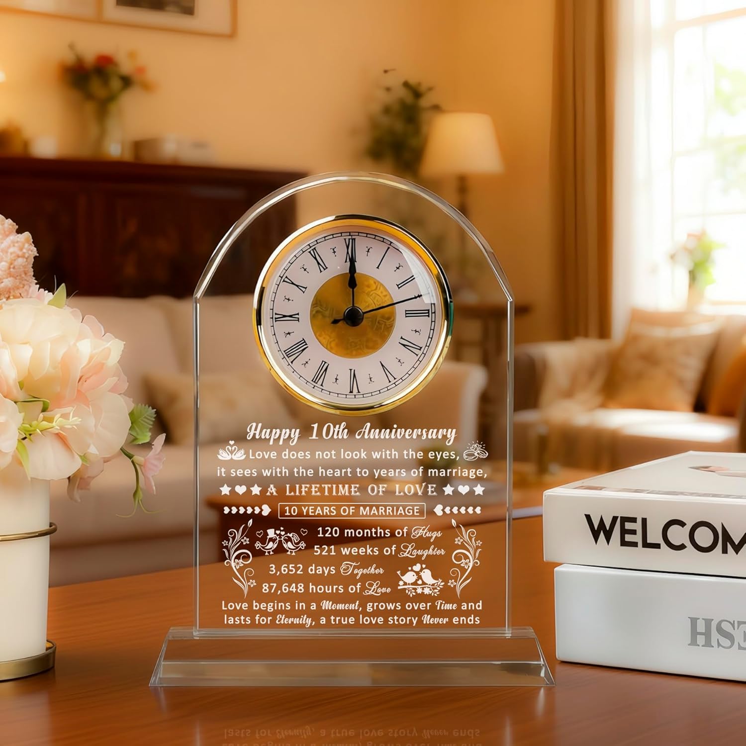 10 Year Anniversary Clock Gifts for Him Her, 10th Anniversary Romantic Gifts for Couple, Ten Year Anniversary Wedding Gifts for Wife Husband Women Men, 10 Years of Marriage Gifts