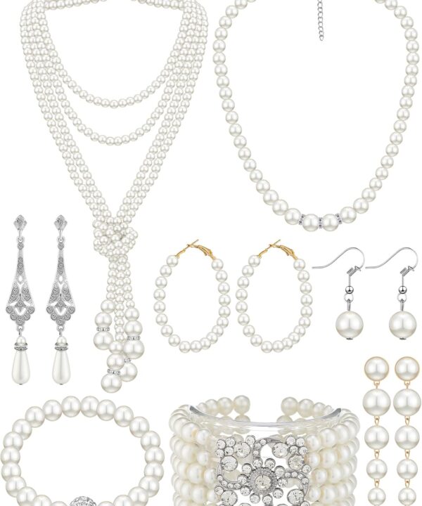 BBTO 8 Pcs Pearl Necklace and Earring Set for Women Faux Pearl Bracelet Costume Jewelry Set for Wedding Bridal Shower Party