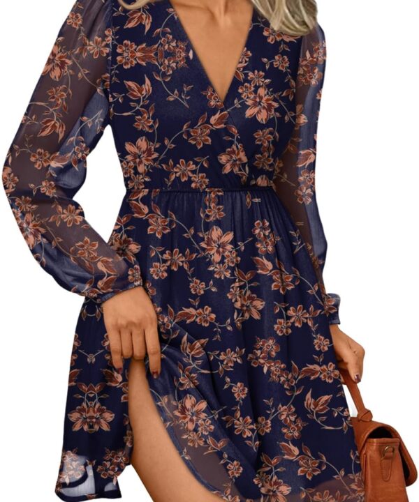 LILLUSORY Womens Long Sleeve Wedding Guest Dresses Winter 2026 Casual Fall Fashion V Neck Mini Chiffon Dress Flowy Clothes