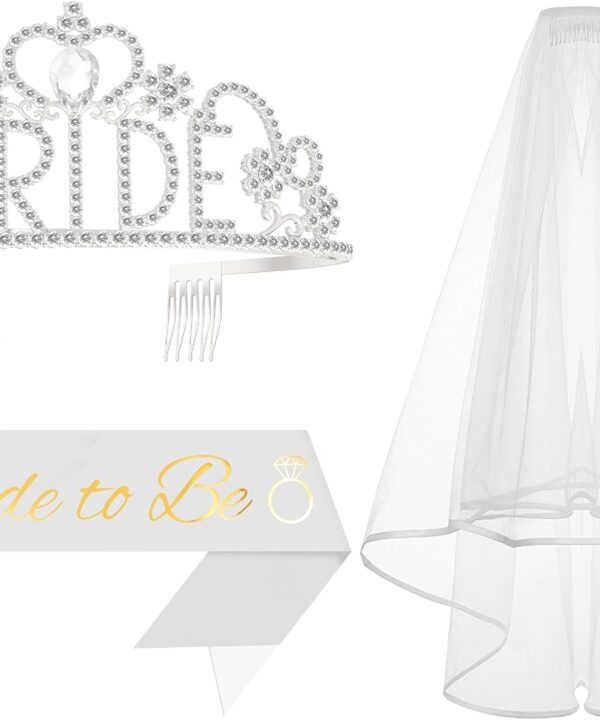 3Pcs Bride to Be Sash with Crown and Veil for Bachelorette Party DecorationsBridal Shower Accessories for Gift, Favors