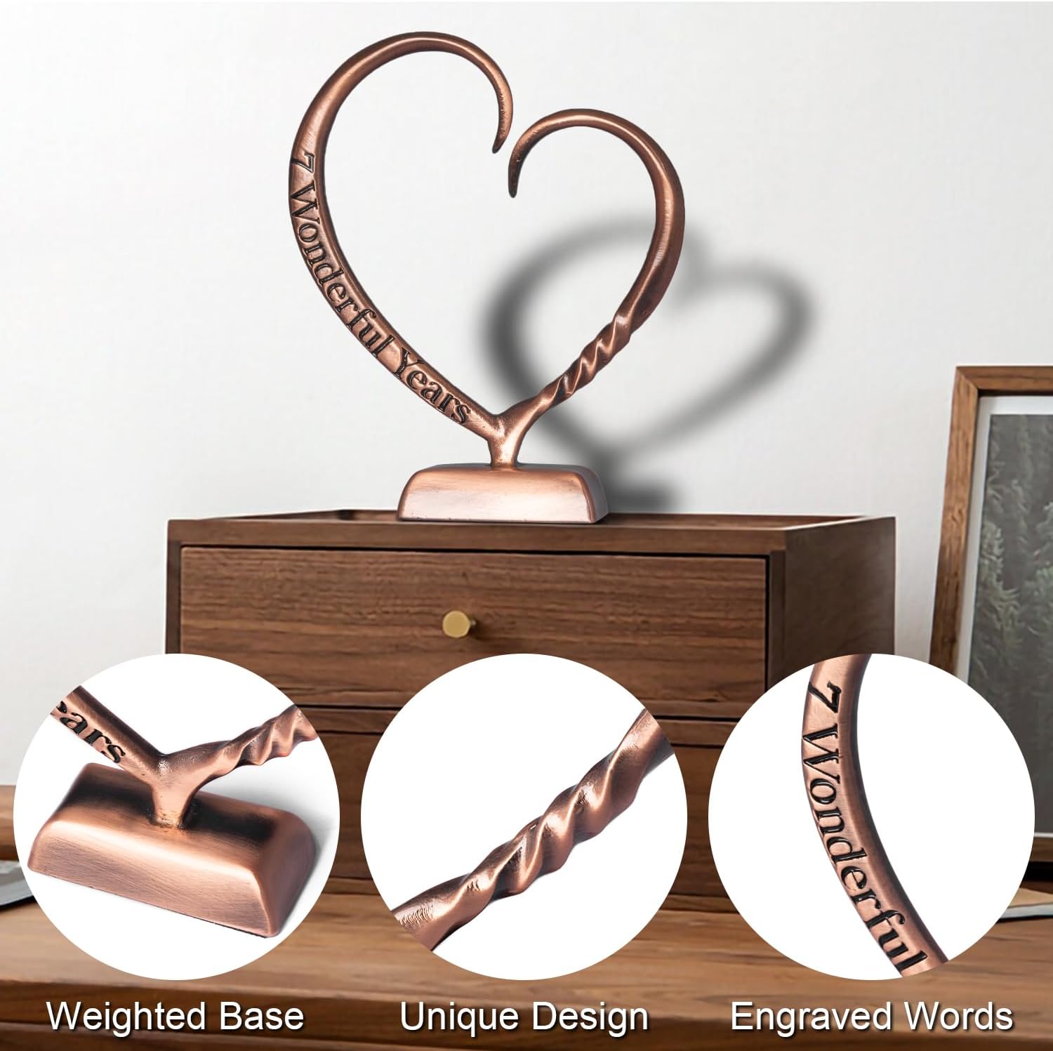 BESZONE 7 Year Anniversary Copper Gifts for Her Him Gift 7th Wedding Anniversary for Couples Wife Husband Men, Hand Forged Copper Heart Art Keepsake Home Decor Artwork