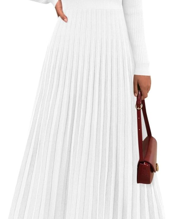 PRETTYGARDEN Women Sweater Dress Fall Fashion 2026 Long Sleeve V Neck Ribbed Knit Pleated A Line Elegant Maxi Winter Dresses