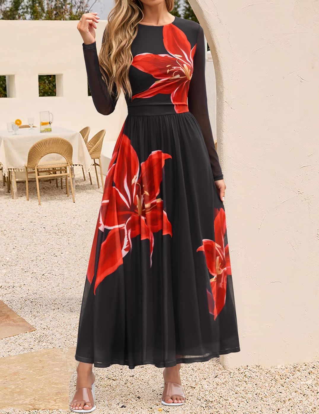 ZESICA Womens Maxi Dress 2026 Fall Long Sleeve Crewneck Floral Print Mesh Ruched Party Wedding Guest Dresses