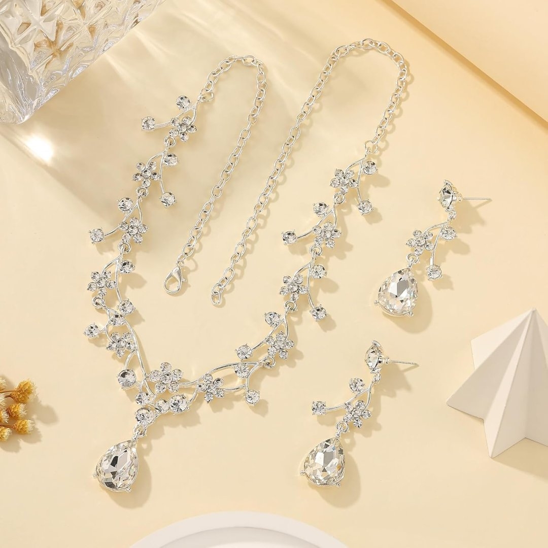 Floral Jewelry Set for WomenWedding Jewelry Sets For Brides With Crystal Necklace & Earrings for Brides and Bridesmaids