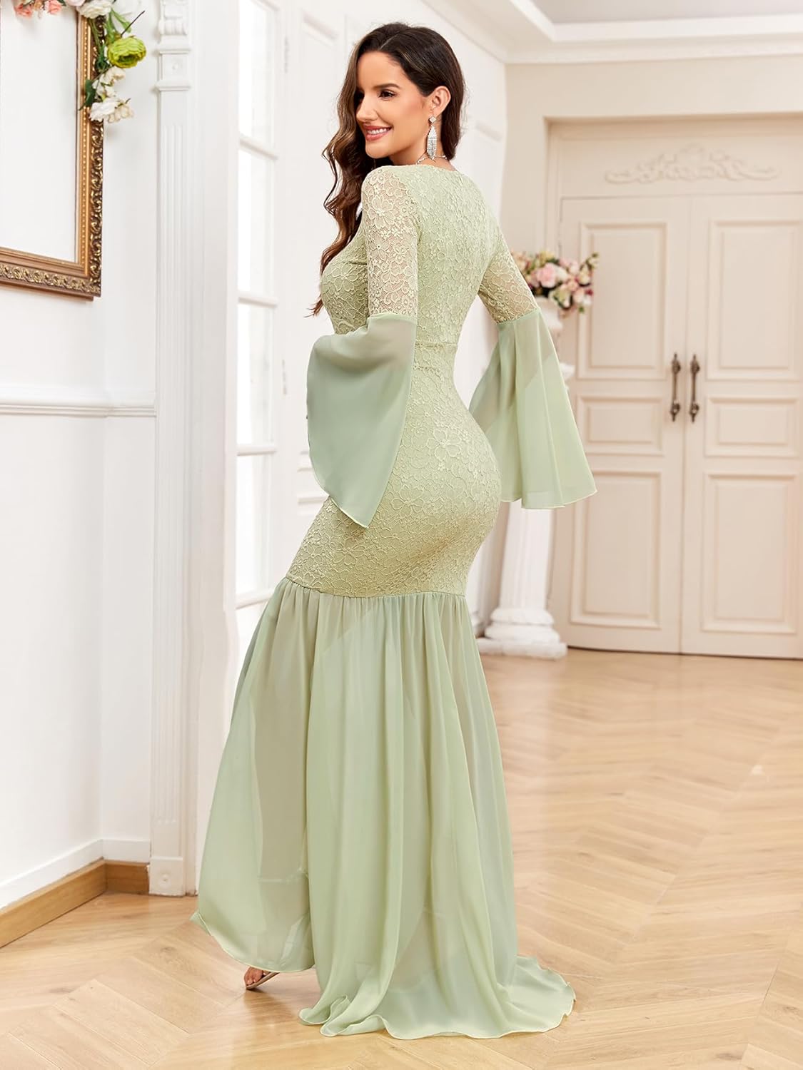 Maternity Dress Baby Shower Long Bell Sleeve Floral Lace Contrast Chiffon V-Neck Mermaid Pregnancy Photoshoot Gown