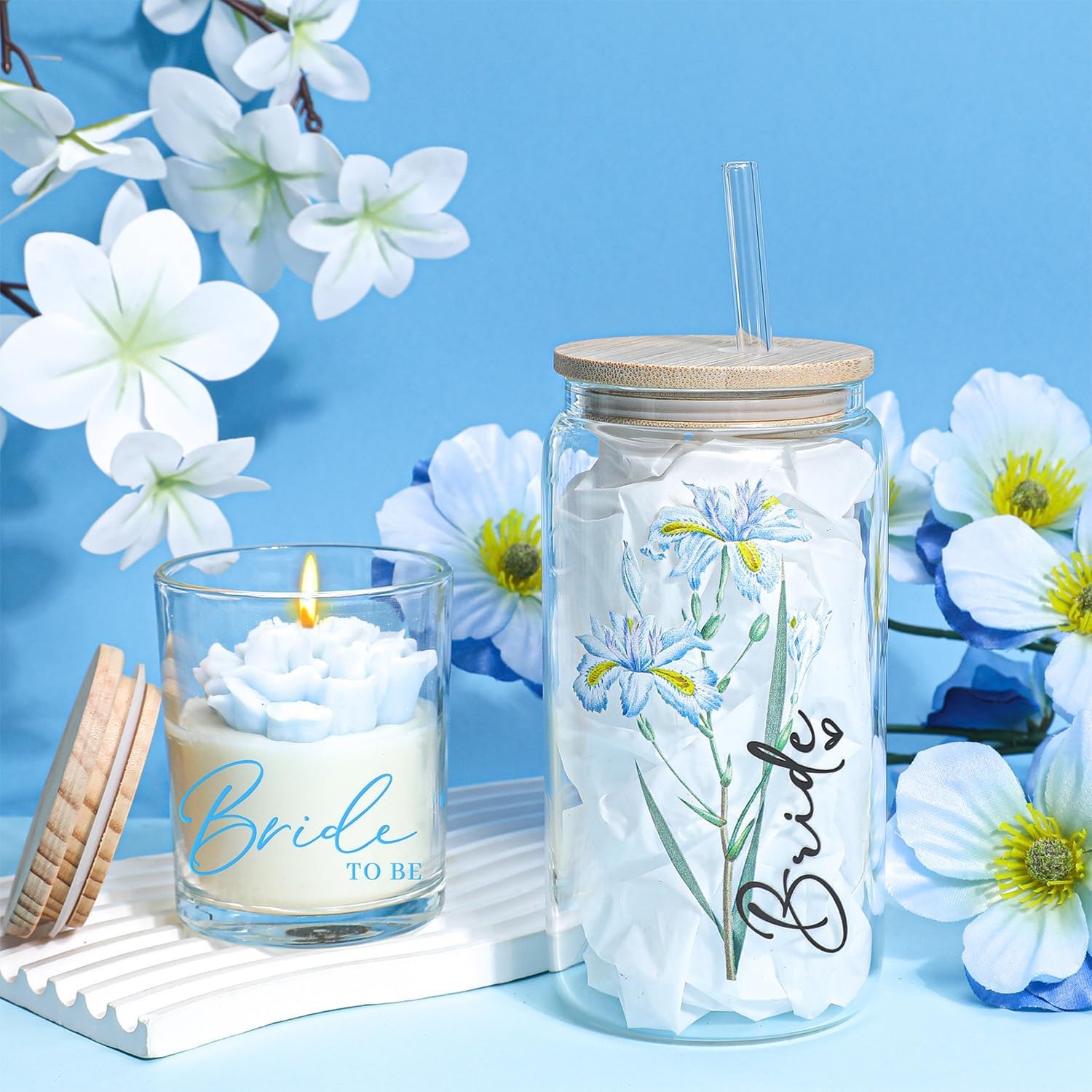 pengtai Bridal Shower Gifts for Bride To Be,Bachelorette Gifts Wedding Engagement Gift for Bride,Ocean-Blue Bridal Tote Bag Glass Cup Gift