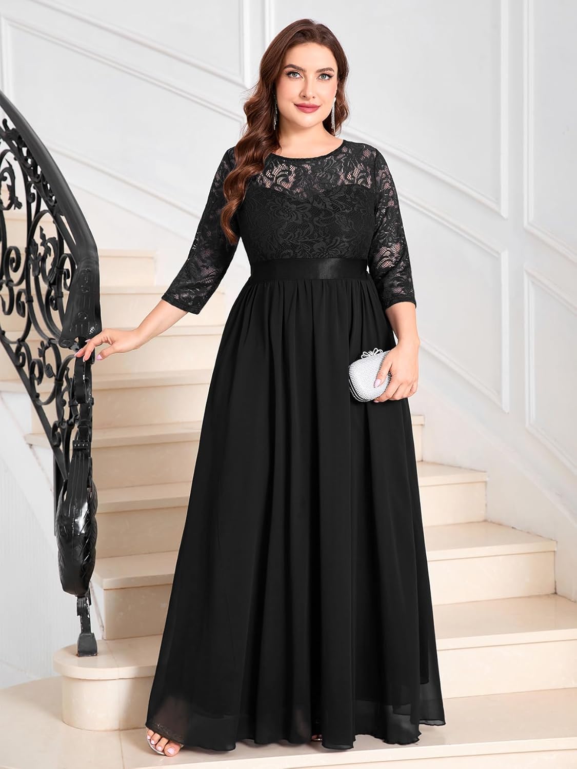 CYCLAMEN Plus Size Formal Lace Chiffon Dress Elegant 3/4 Sleeves Maxi Evening Gown Wedding Bridesmaid Party Dresses