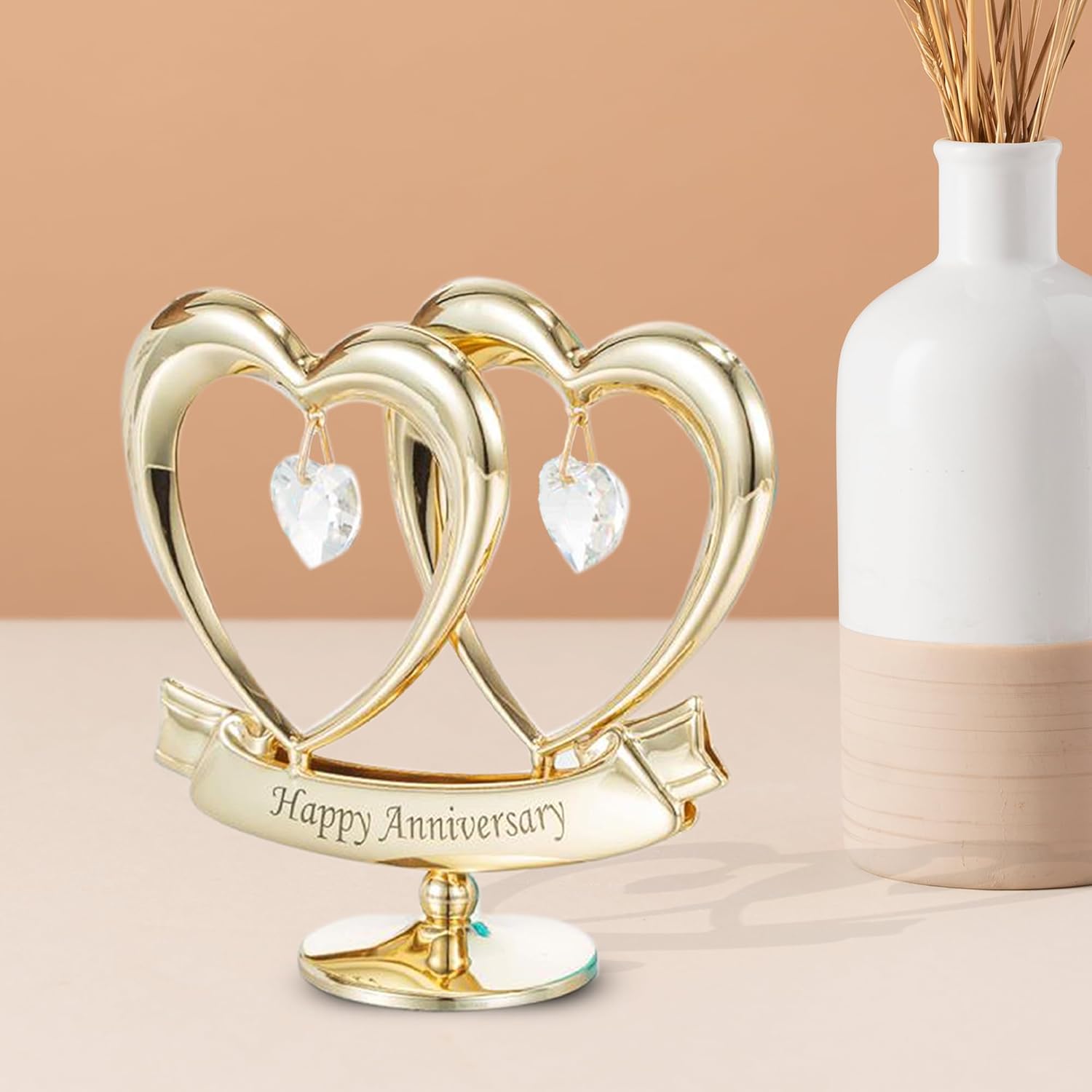 Matashi 24K Gold Plated Anniversary Heart Sculpture with Crystals Double Heart Statue – Perfect Christmas and Holiday Gift and Premium Quality Cake Topper