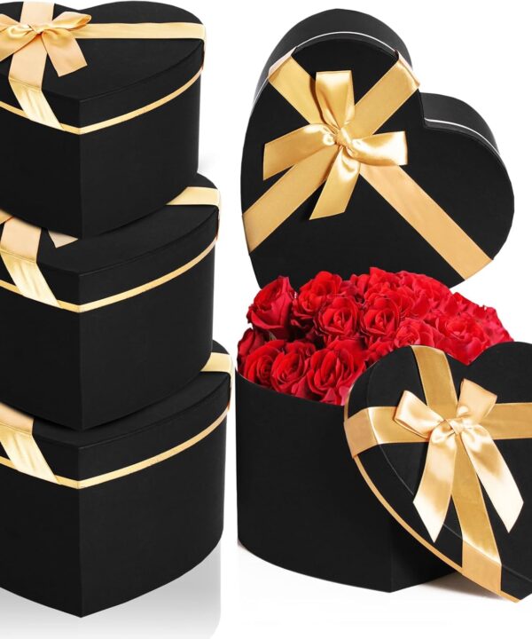 Resurhang Black 4 Pcs Valentines Heart Shaped Gift Box with Lid for Flower Arrangement Large Present Gift Box for Valentine's Day Wedding Birthday Anniversary Party (Classic)
