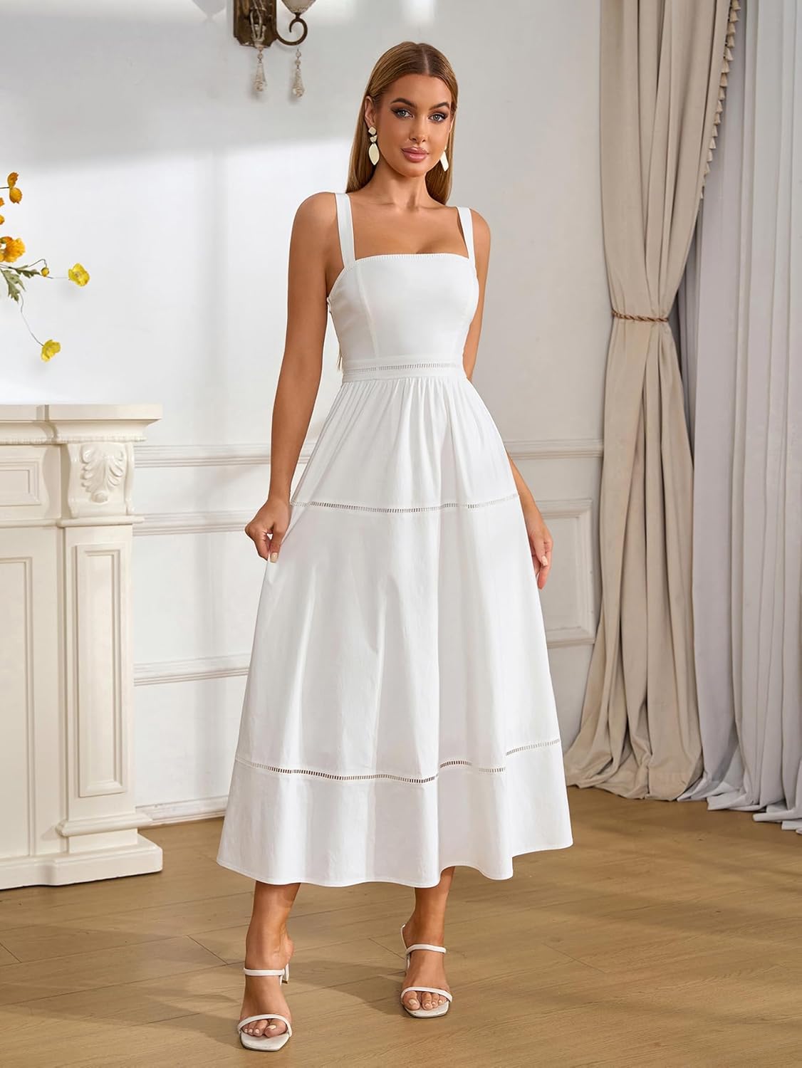 KUTUMAI Summer Corset Midi Dress Elegant Square Neck Flowy A Line Wedding Guest Tea Party Dresses for Women Sundress 2025