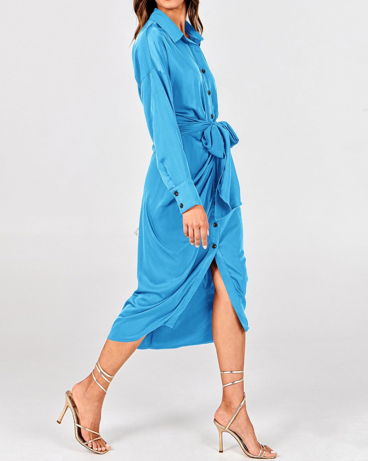 BTFBM Summer Dresses for Women 2026 Long Sleeve Lapel V Neck Button Down Elegant Belted Ruched Satin Shirt Spring Dress