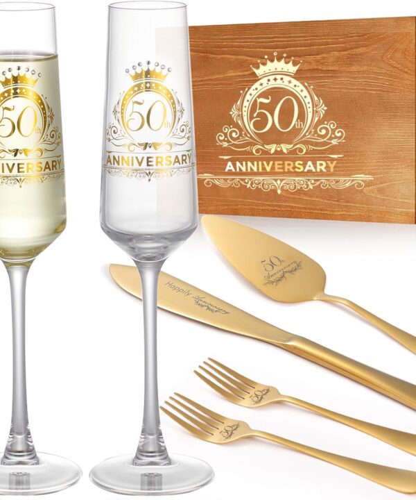 50th Wedding Anniversary Champagne Flutes Gifts, 50th Anniversary Decorations Gold Cake Cutting Set for Wedding Anniversary 50th Gifts for Parents