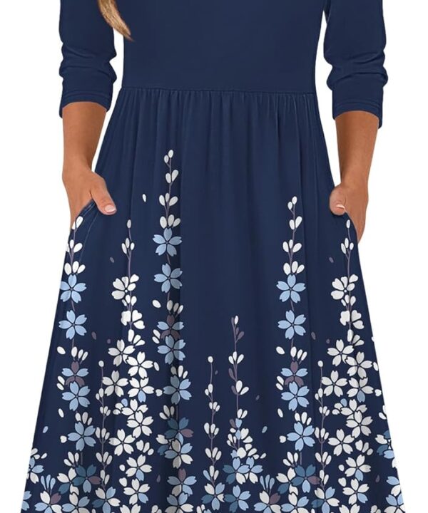 Zeagoo 3/4 Sleeve Women's Dress Casual Flowy A-Line Midi Tshirt Dresses with Pockets Crewneck Vocation Boho Beach Sundress