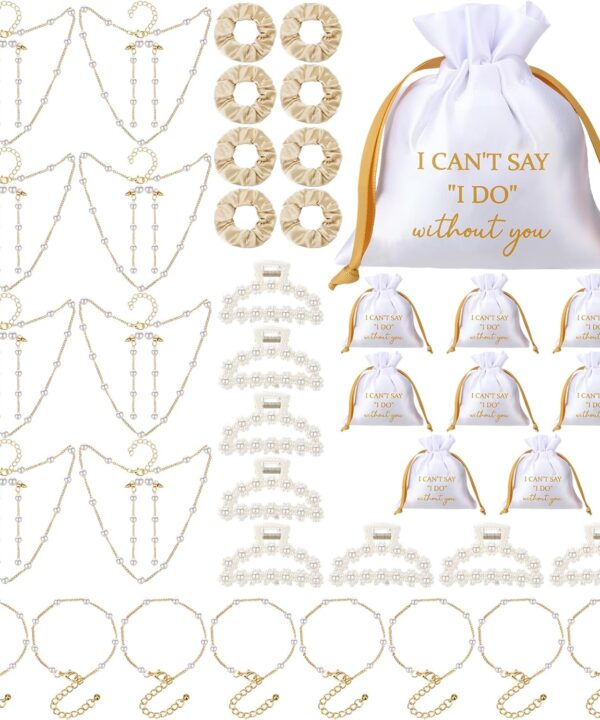 Fingertip WD 48 Pcs Bridesmaid Proposal Gift Jewelry Pouch Including Bridesmaid Bridal Scrunchies Pearl Hair Claw Clips Pearl Necklace Bracelet Earrings Suitable for Wedding