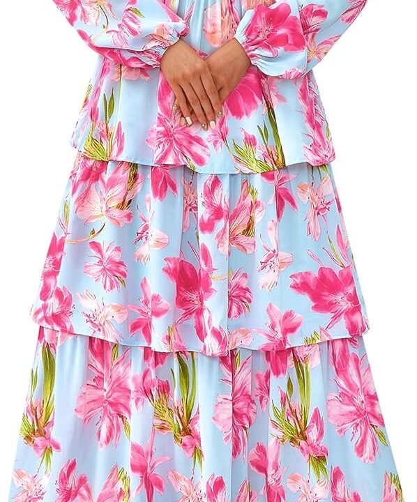 BTFBM Spring Dresses for Women 2026 Floral Long Sleeve Smocked Square Neck Ruffle Tiered Flowy Party Wedding Guest Dress