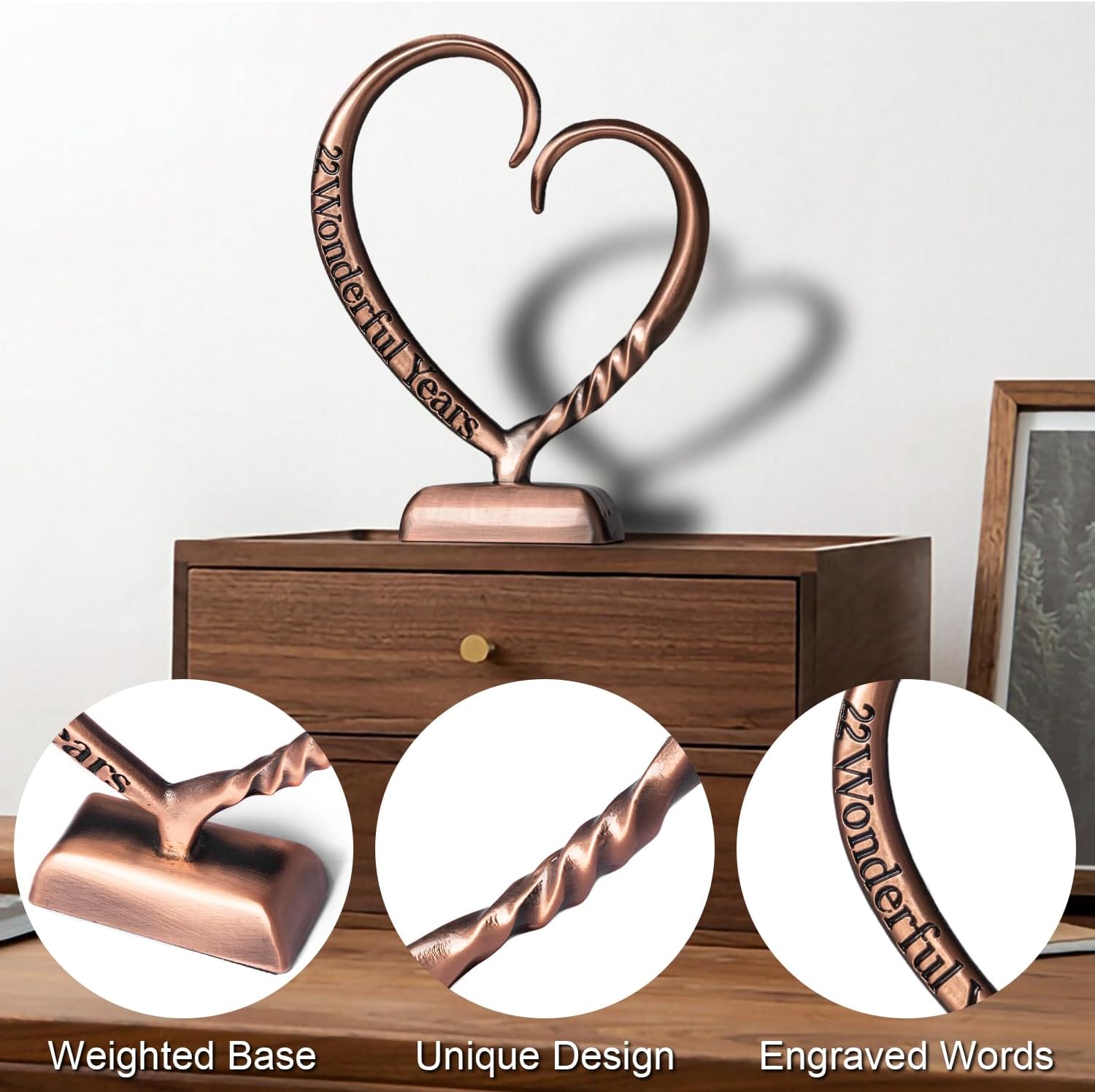 BESZONE 22 Year Anniversary Copper Gifts for Her Him Gift 22nd Wedding Anniversary for Couples Wife Husband Men, Hand Forged Copper Heart Art Keepsake Home Decor Artwork