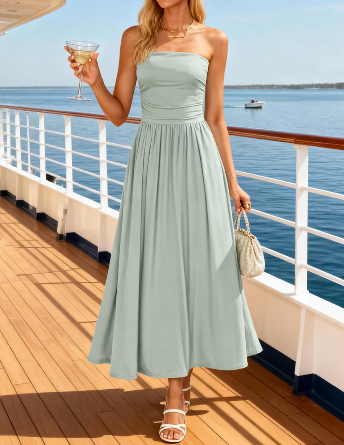 ZESICA Womens Summer Sleeveless Midi Dress 2026 Strapless Ruched A Line Flowy Wedding Guest Party Beach Long Dresses