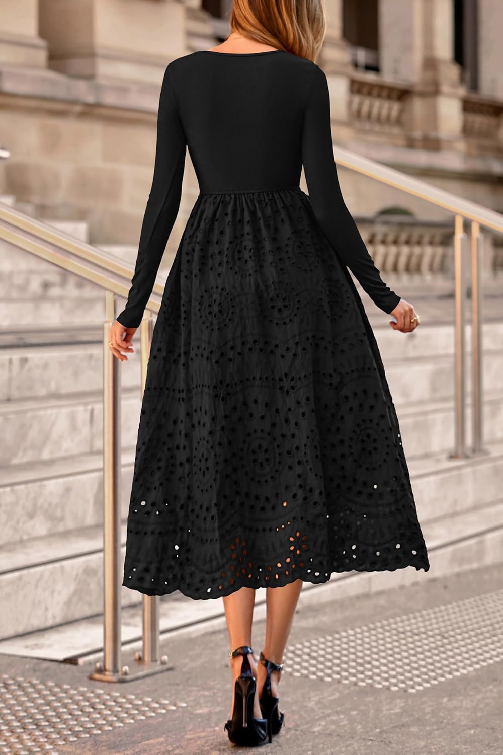 dowerme Women Spring Dresses 2026 Casual Long Sleeve Crewneck A-Line Boho Eyelet Cotton Maxi Wedding Guest Dress Pockets