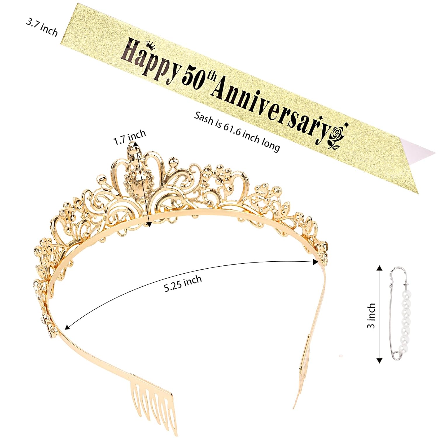 YARIEW 50th Anniversary Decorations, Gold Crown and Happy 50th Anniversary Sash Set, Tiara Crown Sash for 50th Wedding Anniversary Decorations for Party Gifts for Women